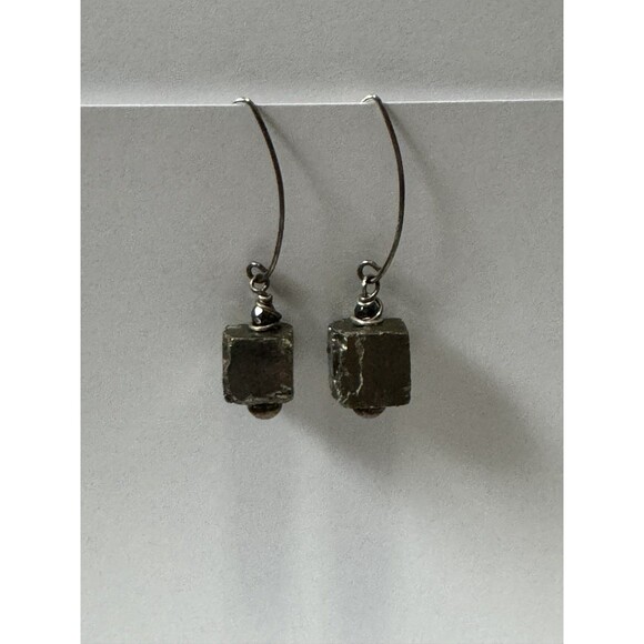 Pyrite Earrings Cube Dangle Raw Stone Wire Drop Grunge Natural Organic - Picture 5 of 9